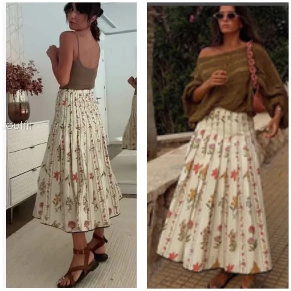 Zara 🔥 Pleated Floral Midi Skirt Botanical Flowy Cottagecore Prairie Cotton XL - Picture 4 of 16